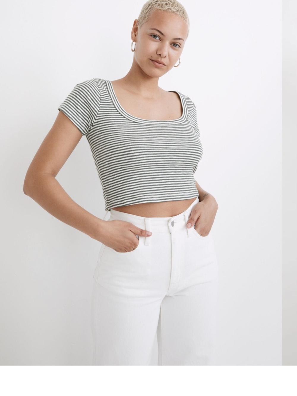 Madewell Westville Green and White Striped Square-Neck Crop Top M